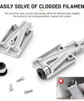 Detachable 2 In 1 PTFE Adapter For Bambu Lab A1 A1 Mini 3D Printers showing grey connector parts for easy disassembly and maintenance.