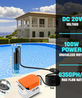 Cordless Submersible Water Pump for Dewalt 20V and 60V Batteries by a pool with power specs overlay