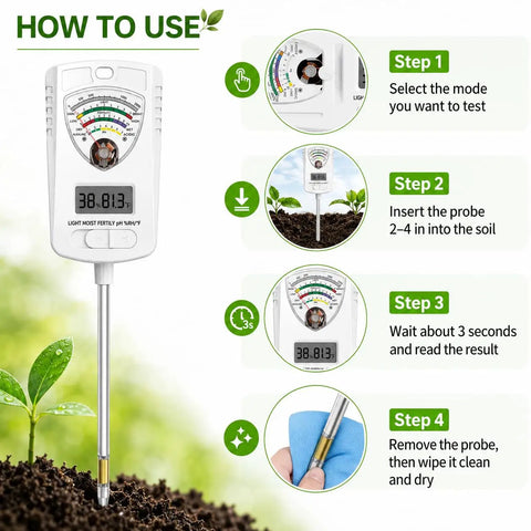 All In One 7 In 1 Soil Tester For Moisture pH Fertility Temperature Humidity And Light Digital Soil Meter For Garden Lawn Farm Indoor And Outdoor Use The Go To Tool For Smart Plant Care, white handheld meter with metal probe