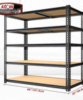 Heavy Duty 5-Tier Garage Shelving Unit With 2400 Lb Capacity, Adjustable Steel Storage Racks For Carport, Warehouse Or Basement, 72 Inch High By 40 Wide By 20 Deep, Industrial Grade Organization. 5-tier steel rack, 40W x 20D x 72H