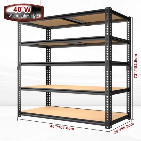 Heavy Duty 5-Tier Garage Shelving Unit With 2400 Lb Capacity, Adjustable Steel Storage Racks For Carport, Warehouse Or Basement, 72 Inch High By 40 Wide By 20 Deep, Industrial Grade Organization. 5-tier steel rack, 40W x 20D x 72H