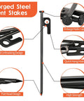 Heavy Duty Forged Steel Tent Stakes 8 Inch Kit With Storage Bag showing anti-unhooking design and quick hang hole features