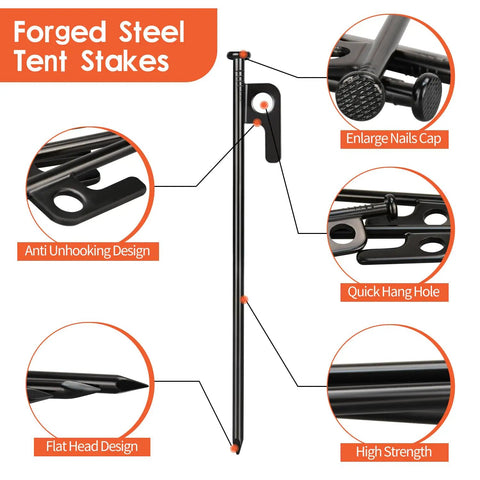 Heavy Duty Forged Steel Tent Stakes 8 Inch Kit With Storage Bag showing anti-unhooking design and quick hang hole features