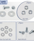 Easy Peasy M5 Steel Hardware Bundle With 25 Ten Millimeter Hex Bolts 50 Wide Washers And 25 Secure Nuts on display.