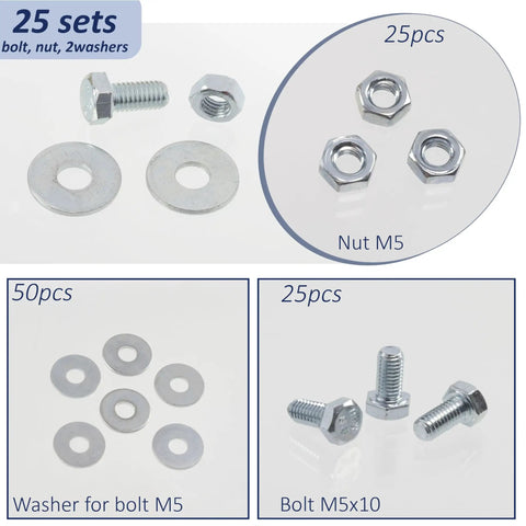 Easy Peasy M5 Steel Hardware Bundle With 25 Ten Millimeter Hex Bolts 50 Wide Washers And 25 Secure Nuts on display.