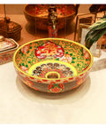 Round Vessel Sink, Chinese Style Bathroom Artistic Porcelain Bowl With Faucet Pop-Up Drain, Exquisite Above Counter Lavatory Vanity Art Basin, colorful design.