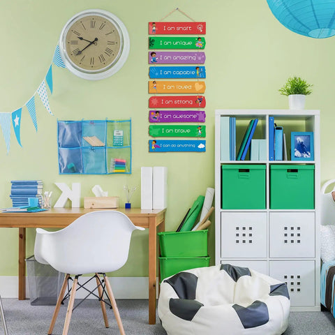 Set Of 9 Rainbow Themed Wood Wall Plaques For Boys Room With Inspirational Quotes Hanging Signs in a kids' study room decor