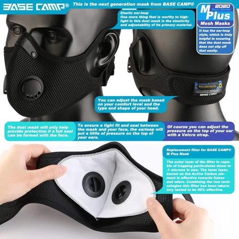 Close-up of black dust face mask with adjustable strap and removable filters, Six Activated Carbon Filters Included Dust Face Mask For Woodworking Construction Mowing And Cycling.