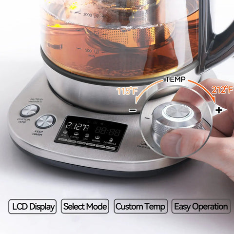 Electric Tea Kettle With Removable Infuser, 9 Preset Brewing Programs, Precise Temperature Control, 2 Hours Keep Warm, Borosilicate Glass, 1.7 Liter Capacity, 1200W Fast Boil For Tea Coffee And Everyday Brew, showing LCD display and temperature dial in use.