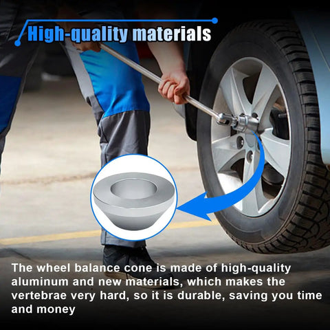 Shop Grade Billet Aluminum Manual Tire Changer Centering Cone Fits 1.67 Inch Posts in use on a car wheel.