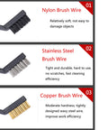 Three-Piece Mini Wire Brush Set with nylon, stainless steel, and copper bristles for cleaning, 7 inch industrial-grade brushes.