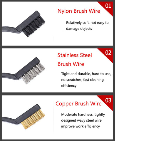 Three-Piece Mini Wire Brush Set with nylon, stainless steel, and copper bristles for cleaning, 7 inch industrial-grade brushes.