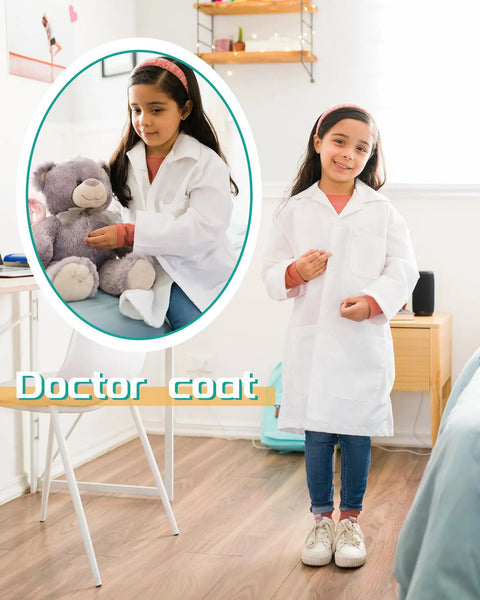 Girl wearing a medium Six Piece Kids Doctor Coat Costume Set; white polyester lab coat for pediatric dress up