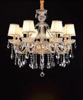Modern Crystal Ceiling Pendant Light With Polished Chrome Frame And E14 Bulb Socket For Killer Kitchen Island Ambiance Or Cozy Living Room Glow That Truly Slaps Vibe Upward. Elegant crystal chandelier with white shades and hanging crystals.