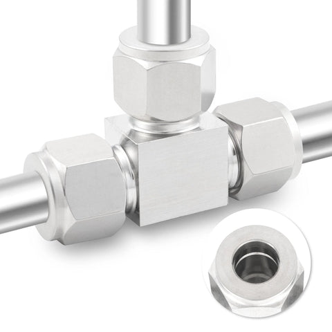 Stainless steel 304 compression tube fitting tee union, 1/2 in OD x 1/2 in OD x 1/2 in OD, 3-way connector, pack of 2