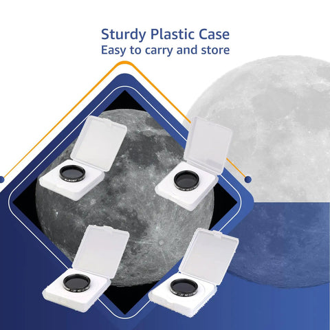 Dope 1.25 Inch Moon Filter Kit With ND4 ND8 ND16 ND1000 For Telescopes in plastic cases with moon background