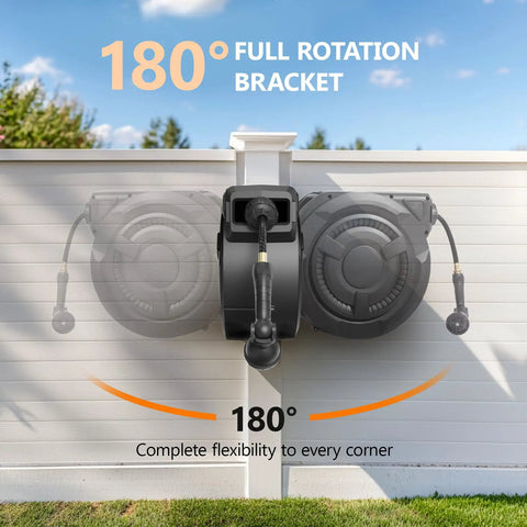 Retractable Garden Hose Reel With One Half Inch By One Hundred Feet Built Tough Heavy Duty Wall Mounted 180 Degree Swivel View
