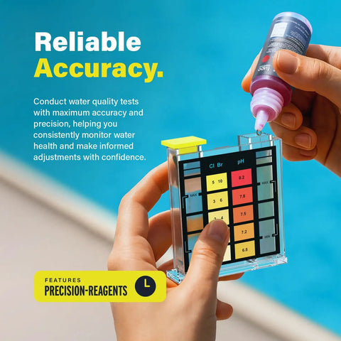Hassle Free Swimming Pool And Spa Water Test Kit For Chlorine Bromine And Ph showing precise drop test application in hand.