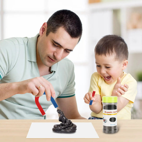 Adult and child using Hands On Science Magnets Experiment Kit For Kids And Students, Cool Physics And STEM Tools, Horseshoe Magnets And Iron Filings