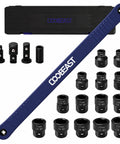 Badass 19 Piece Pro Offset Extension Wrench Set With Heavy Duty Impact Extender And Precision Socket Kit For Cramped Close Fit Fasteners With No Sweat One Step Tightening, includes 19 sockets and a blue wrench.