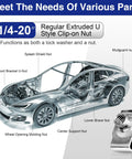 Image showcasing regular 1/4-20 inch regular extruded U clip nuts and their application in automotive parts.