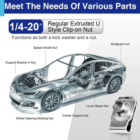 Image showcasing regular 1/4-20 inch regular extruded U clip nuts and their application in automotive parts.