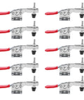 10 Piece Quick Release Toggle Clamps Set For Woodworking And Welding Fixtures, zinc plated, red durable grips, side view.