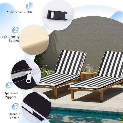 Outdoor Chaise Lounge Cushion 71x22x3 Inches Waterproof PU Coating Fade Resistant With Washable Cover For Poolside Patio Lawn Black White Stripes One Piece on wooden loungers by a pool