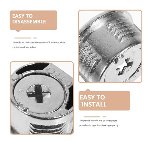 Close-up of Cam Lock Pins Kit 10 Pcs Furniture Connecting Brackets for easy installation and disassembly in cabinets and wardrobes.