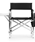 Director Style Outdoor Chair With Side Table And Armrest Caddy, black aluminum folding camping chair, front view.