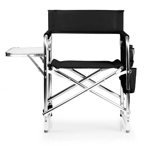 Director Style Outdoor Chair With Side Table And Armrest Caddy, black aluminum folding camping chair, front view.