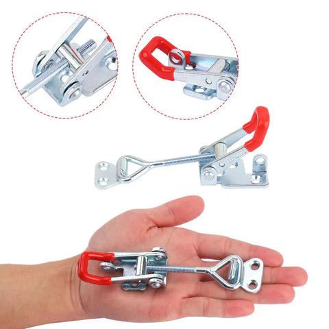 13 Pack Toggle Latch Clamp With Lock Hole, heavy duty 4002 toggle latch shown on hand, industrial grade, durable