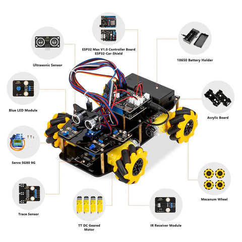 ACEBOTT smart robot car kit; Arduino-compatible educational toy with yellow mecanum wheels