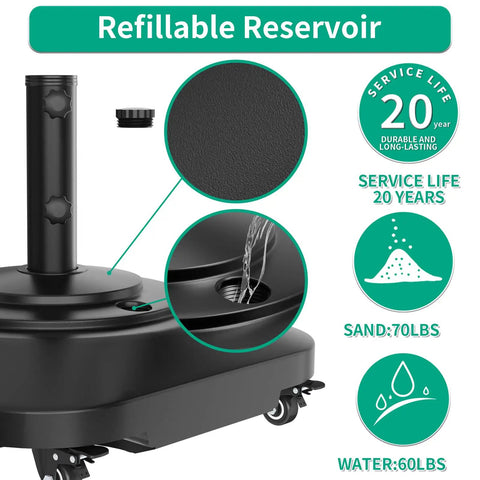 Heavy Duty 100Lb Umbrella Base With Four Locking Wheels showing fillable reservoir for sand or water