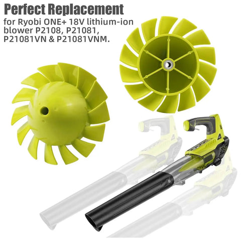 2 Pack Replacement Blower Fan For Ryobi One Plus 18V Leaf Blowers P2108 P21081 P21081VN P21081VNM shown with blower
