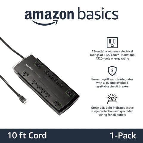 12 Outlet Power Strip Surge Protector With 4320 Joules Of Shielding 10 Foot Cord Black Finish Ultra Safe Overload Protection