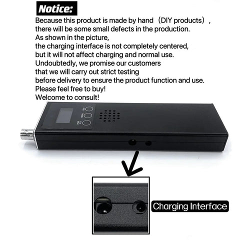 Grab And Go Portable Ham Radio Receiver Handheld with misaligned charging interface and close-up of the charging port.