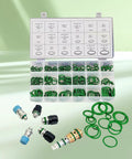 Rubber O-ring kit, front view in open plastic storage box with green O-rings; 270-piece metric set.
