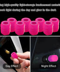 Glow In The Dark Tire Valve Cap Set For Cars, Motorcycles, And Bicycles, Universal Waterproof Noctilucent Valve Caps In Pink shown in day and night