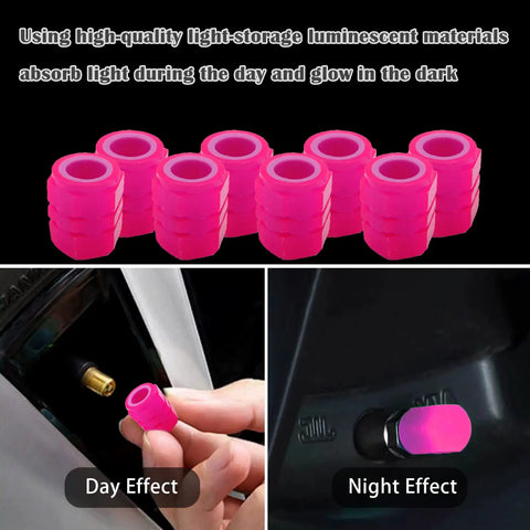 Glow In The Dark Tire Valve Cap Set For Cars, Motorcycles, And Bicycles, Universal Waterproof Noctilucent Valve Caps In Pink shown in day and night