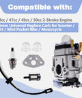 Plug And Play Carb Kit For 43cc 47cc 49cc And 50cc 2 Stroke Scooters Dirt Bikes Pocket Bikes Easy Install Replace Carb With 15mm Side Opening And 30mm Bolt Holes For Go Ped BladeZ Cart Echo Engine with components shown