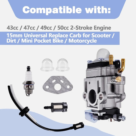 Plug And Play Carb Kit For 43cc 47cc 49cc And 50cc 2 Stroke Scooters Dirt Bikes Pocket Bikes Easy Install Replace Carb With 15mm Side Opening And 30mm Bolt Holes For Go Ped BladeZ Cart Echo Engine with components shown