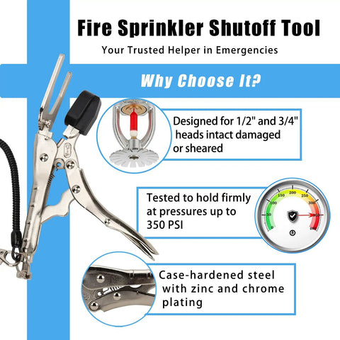 Emergency Fire Sprinkler Shut Off Tool Halts Leaks Instantly Saves Your Spot From Flood Damage Slides On All Head Types No Sweat Heavy Duty Commercial Wrench Upright Pendant Sidewall Recessed tool showing sturdy design and pressure gauge.