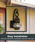 Nantucket Style Outdoor Wall Lantern Sconce for Front Door with scroll arm, clear seedy glass, easy installation.