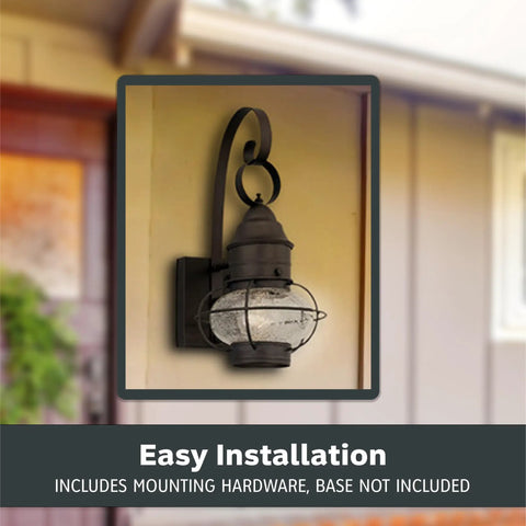 Nantucket Style Outdoor Wall Lantern Sconce for Front Door with scroll arm, clear seedy glass, easy installation.