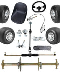 Heavy-Duty 32 Inch Rear Live Axle And Front Steering Assembly Kit For Go Karts Quads And ATVs With 4 Pack Five Inch Wheels, 1.18 Inch Thick Shaft, 420 Tooth Drive, Go Kart Seat And Hydraulic Brake System Components displayed.