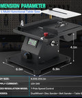 Badass Compact Four In One Mini Table Saw With LED Voltage Display, detailed dimensions and features shown in tabletop setup.