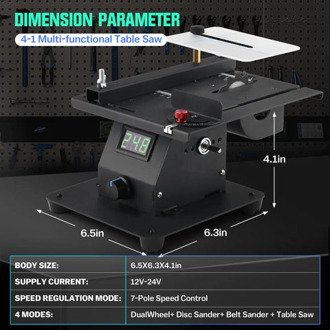 Badass Compact Four In One Mini Table Saw With LED Voltage Display, detailed dimensions and features shown in tabletop setup.