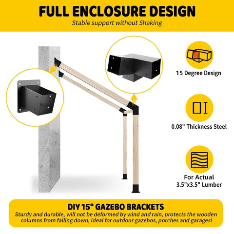 15 Degree Angled Pergola Roof Bracket Kit With Heavy Duty Galvanized 3 Way Slanted Post Connector And Wall Mount Base For 3.5 By 3.5 Inch Wood Beams DIY Pavilion Porch Deck Brackets Four Pack