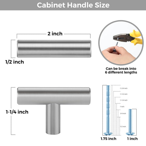 Dimensions of 30 Pack Brushed Nickel Cabinet Knobs Stainless Steel T Bar Pulls For Doors And Drawers 2 Inch Length Single Hole Modern Silver